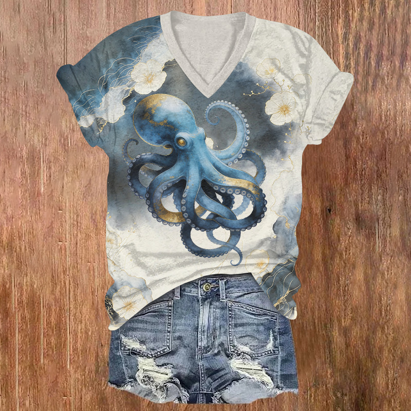 Flowers And An Octopus Printed Short Sleeved V-neck T-shirt - Blue - US32-34(5XL) - image 1