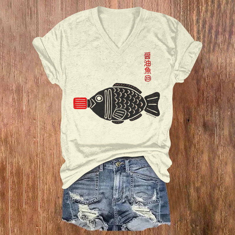 Japanese Soy Sauce Fish Print Short Sleeved V-neck T-shirt - Beige - US32-34(5XL) - image 1