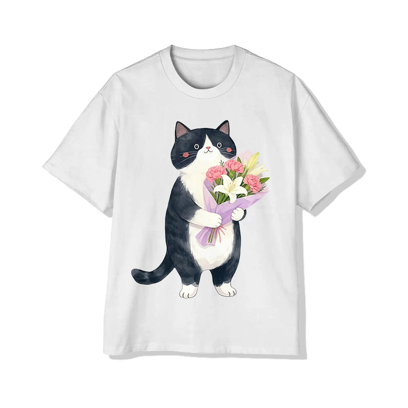 Lovely Cat Holding Bouquet Print Short Sleeved Crew Neck T-shirt - White - 2XL - image 1