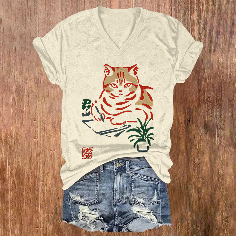 Watercolor Cartoon Cat Print Short Sleeved V-neck T-shirt - Beige - US32-34(5XL) - image 1