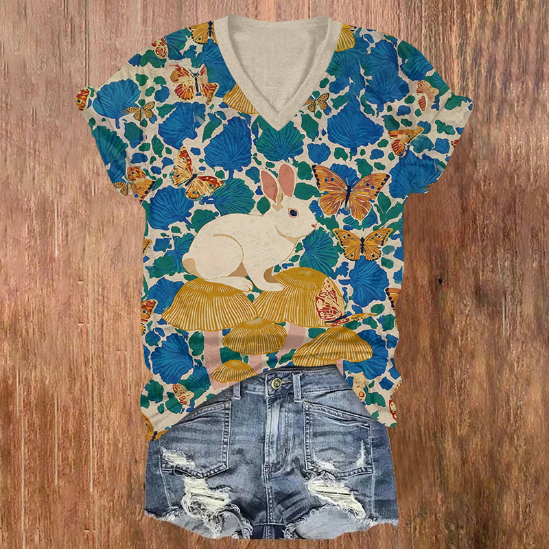 Lovely Rabbit On The Mushroom & Butterfly Print Short Sleeved V-neck T-shirt - Blue - US32-34(5XL) - image 1