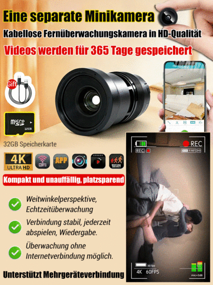 4K Kabellose Minikamera, Fernüberwachung, 32GB Speicher inkl.