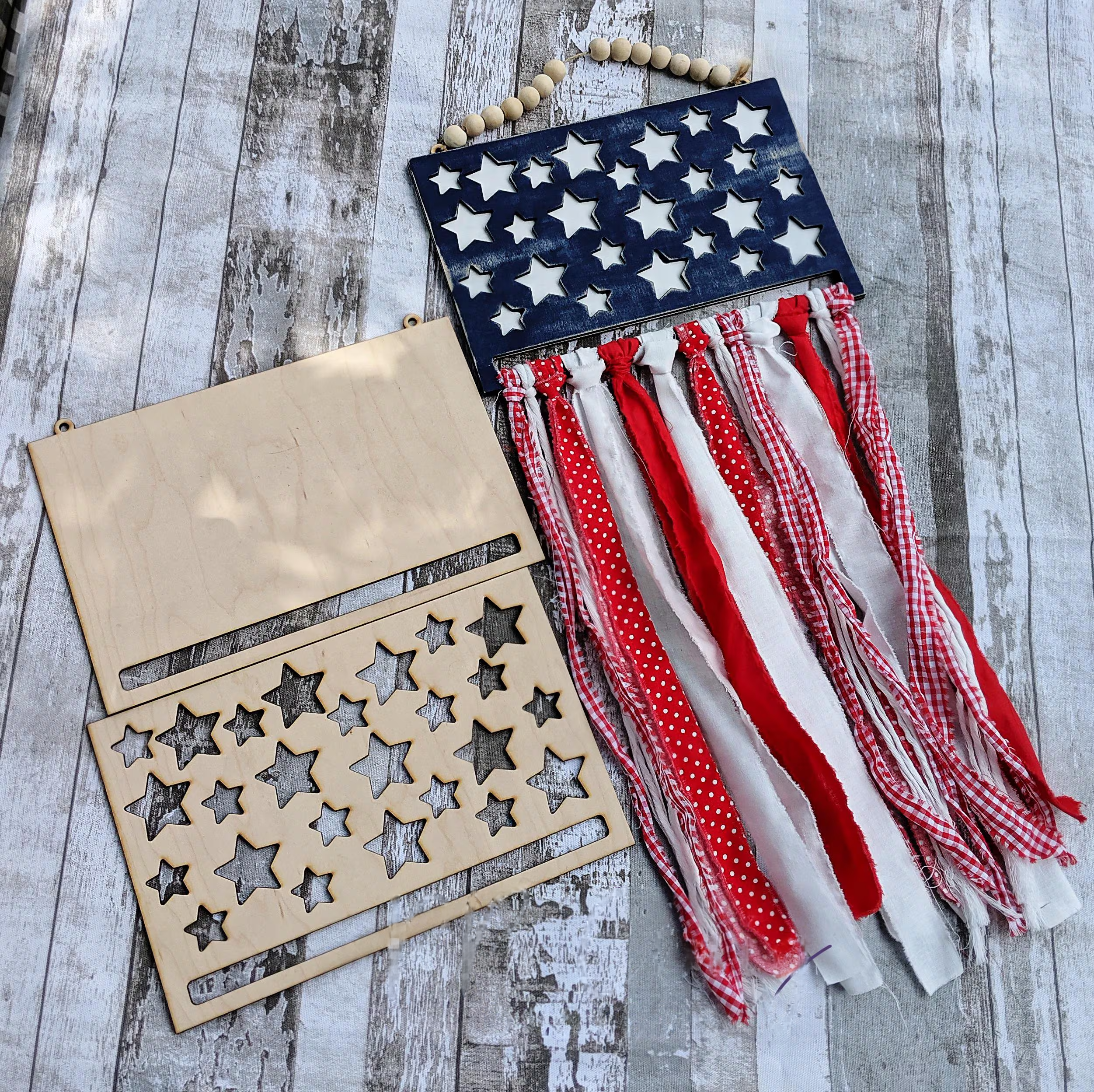 DIY Rag Flag Craft Kit: Wooden Cut Out, Patriotic Decor 4th of July 250 celebration