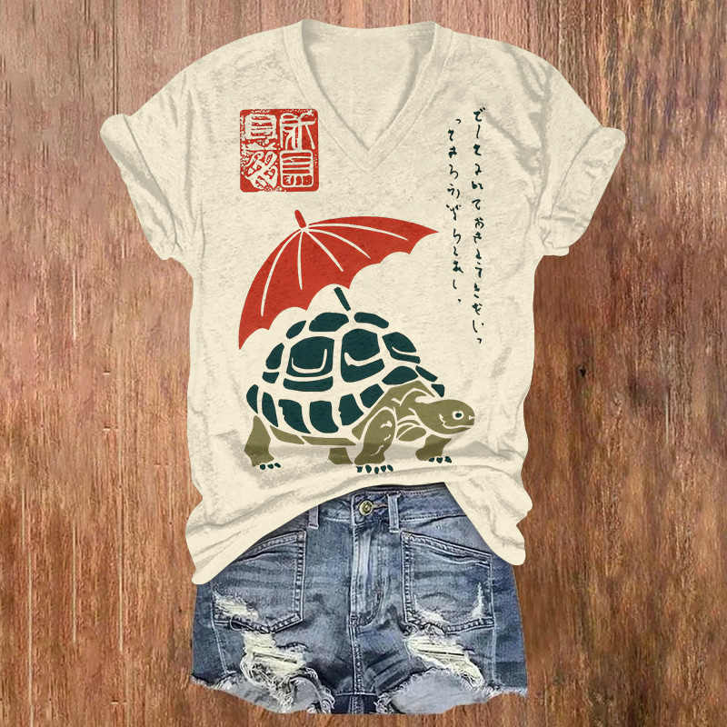 Vintage Turtle With Umbrella Print Short Sleeved V-neck T-shirt - Beige - US32-34(5XL) - image 1