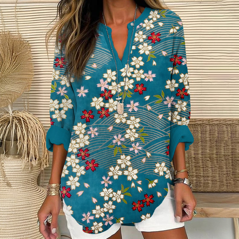 Vintage Cartoon Sakura Art Print V Neck Long Sleeve Blouse - Blue - 8XL - image 1