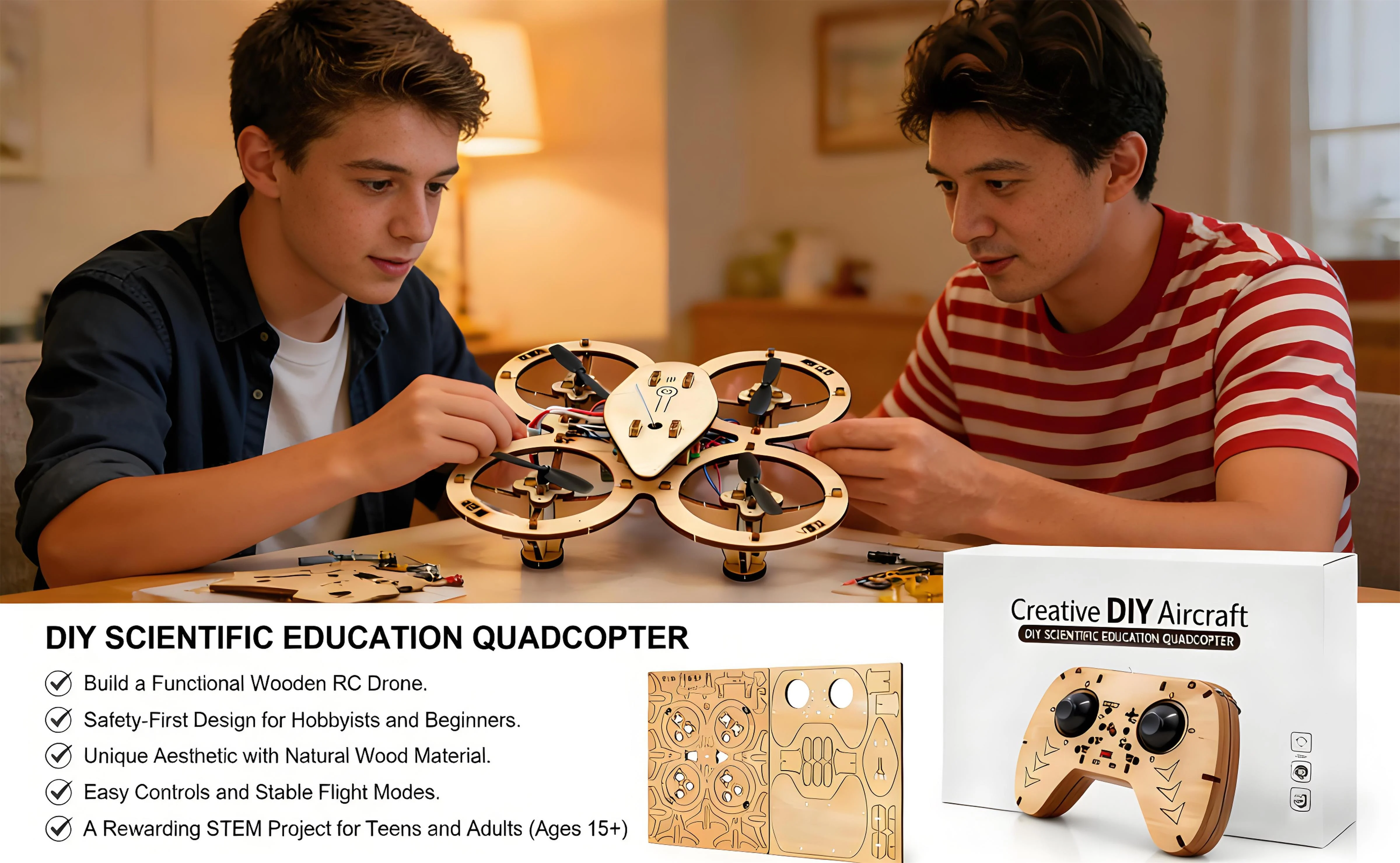 🔥Top Gift 2026 🎁 DIY Wooden Drone Assembly Kit, 2.4GHz RC Quadcopter with 360° Flip, Emergency Stop & Beginner Friendly Controls, STEM Building Toy for Teens & Adults