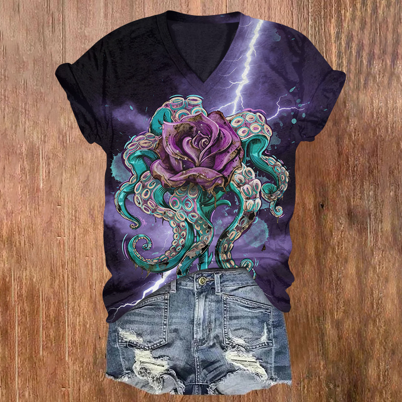 Retro Rose And Octopus With Lightning Printed Short Sleeved V-neck T-shirt - Purple - US32-34(5XL) - image 1